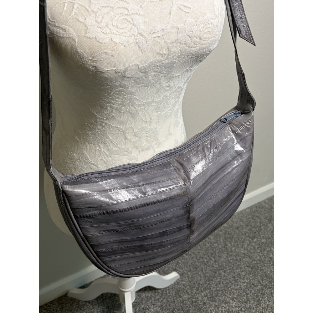 VTG Genuine Eel Skin Leather Gray Shoulder Handbag~Large 13" Crescent Hobo~Korea